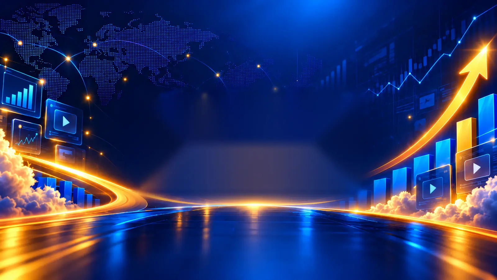 Product Launch Formula launch stage: glowing growth arrow, charts and launch videos on a blue stage