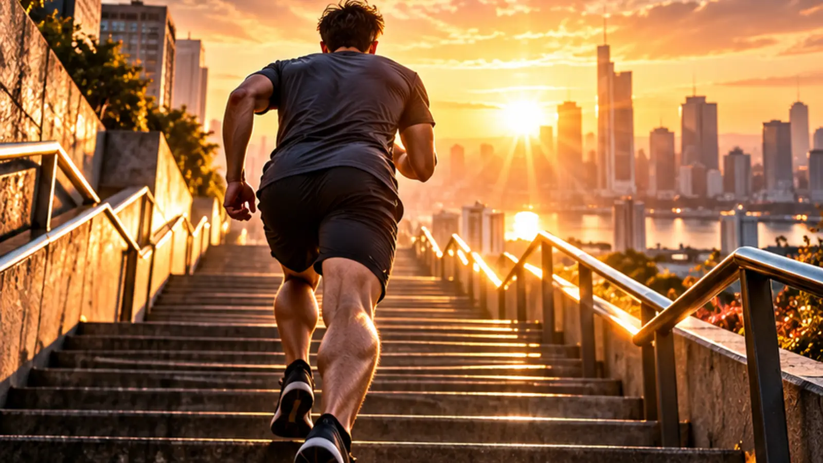 A runner climbing city stairs at sunrise, a symbol of taking one more step